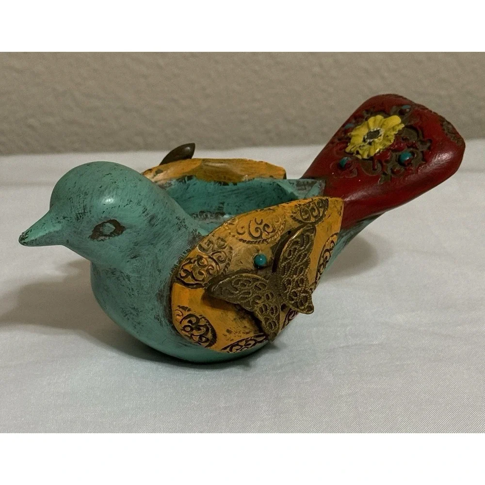 Whimsical Multicolor Bird Trinket Votive Holder Home Decor Artsy Colorful - Picture 4 of 7